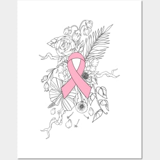 Breast cancer awareness pink ribbon with floral background Posters and Art